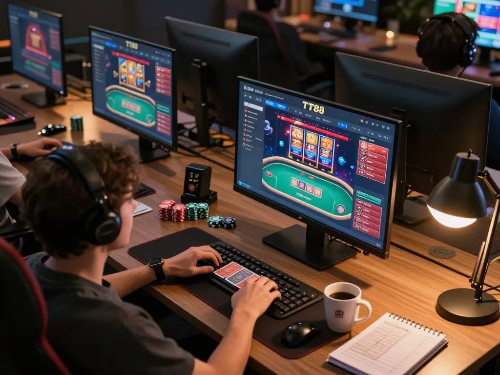 Engaging in online casino gameplay at TT88, with dynamic screens showcasing poker and slots.