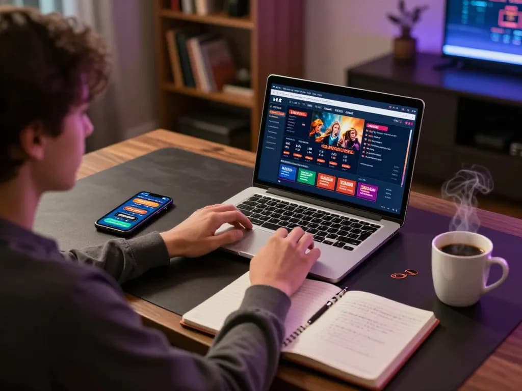 Player enjoying casinoer uden rofus gaming on a laptop with strategy notes nearby