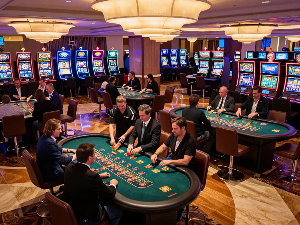 Engaged players at a casino table checking pengeluaran singapore results while strategizing bets.