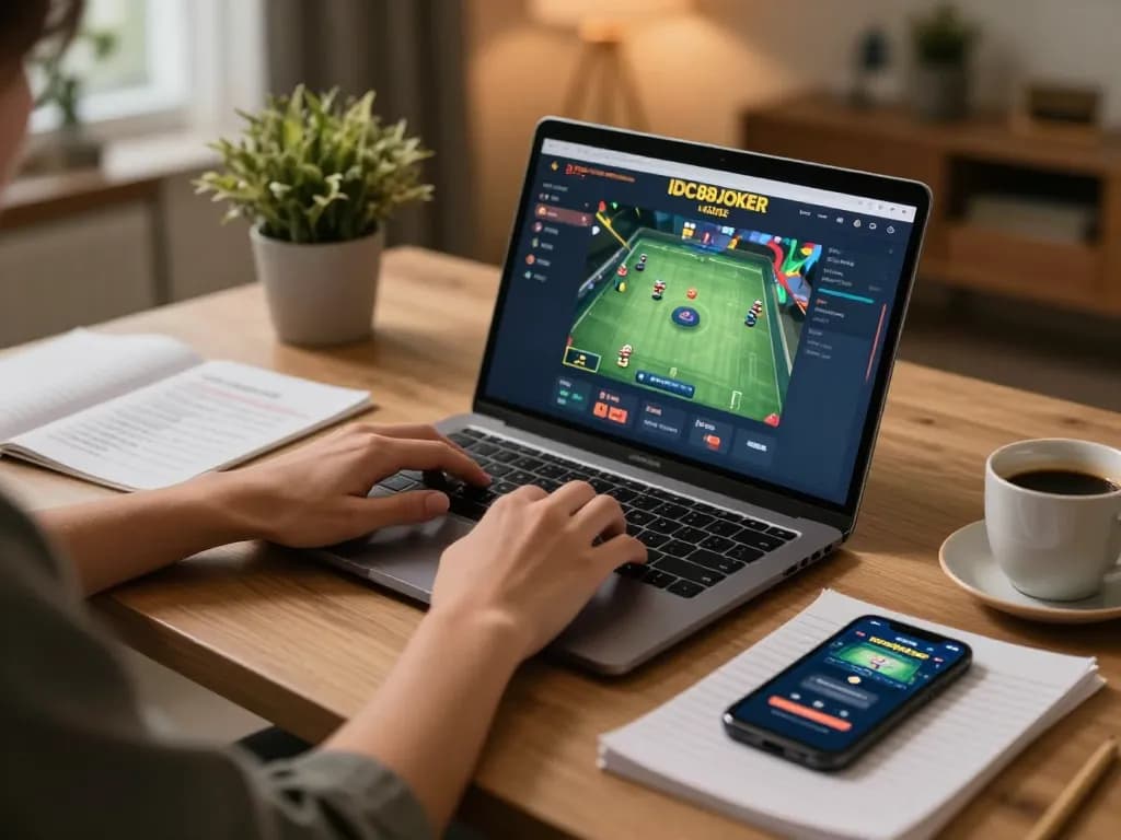 Engaged player navigating the IDC88JOKER online gaming interface at a stylish home setup.
