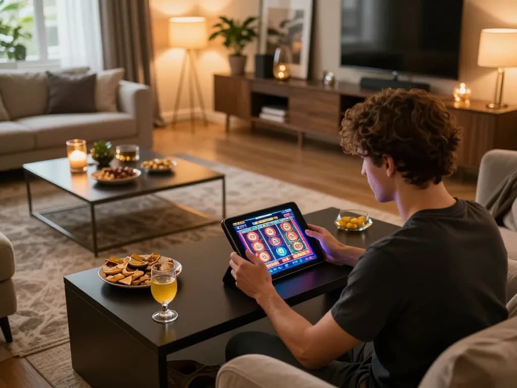Engaging in online gambling at home with bong99 slot games on tablet interface