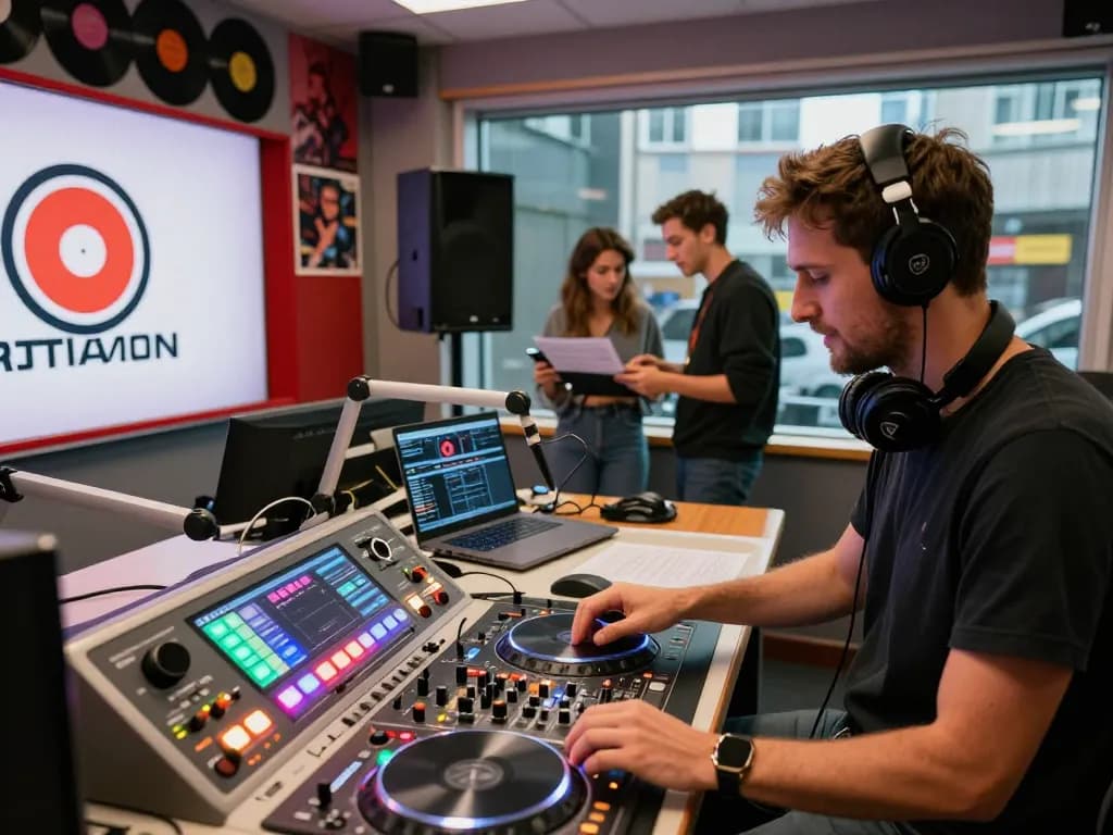 DJ mencampur lagu di studio radio yang semarak menampilkan suasana hotplay96.