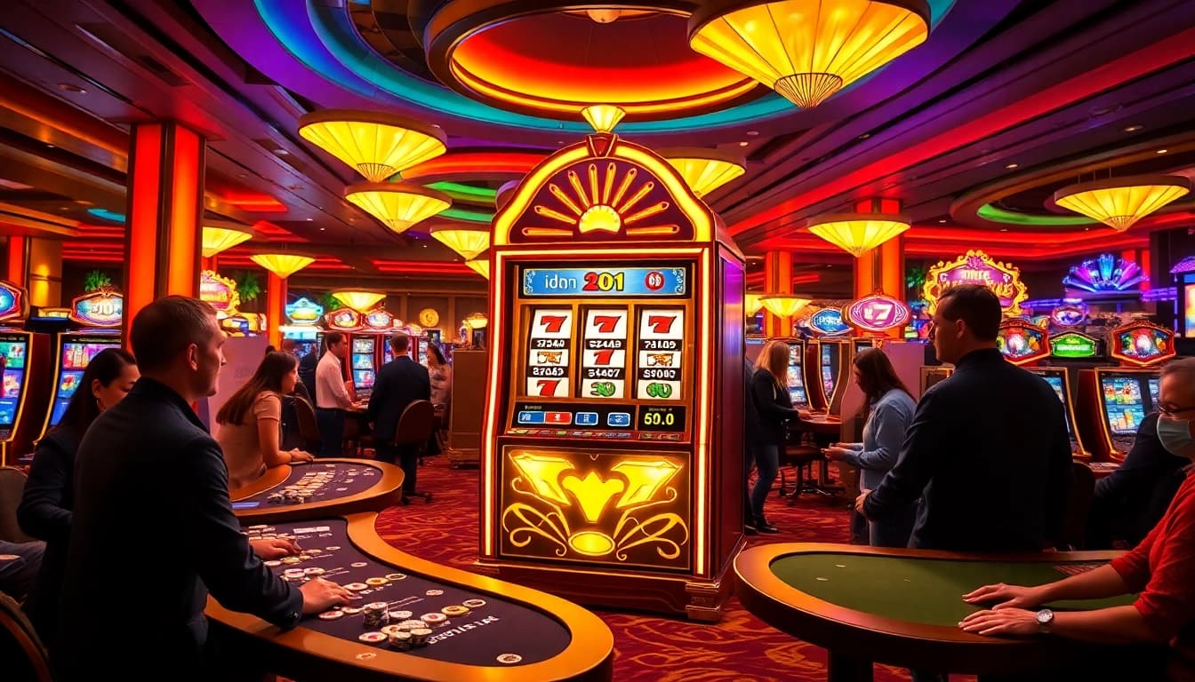 Play idn slot on a luxurious casino machine surrounded by excited gamblers and vibrant lights.