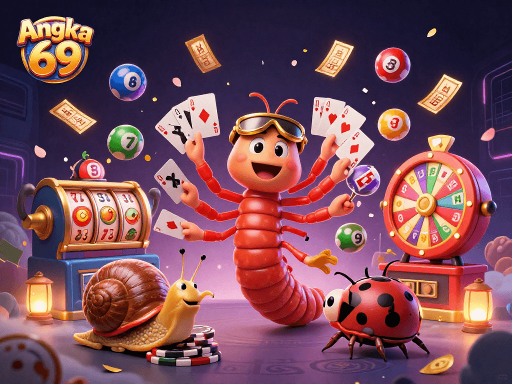 Engage with Angka 69: An exciting casino experience featuring dynamic slot reels, lively characters, and winning potential.