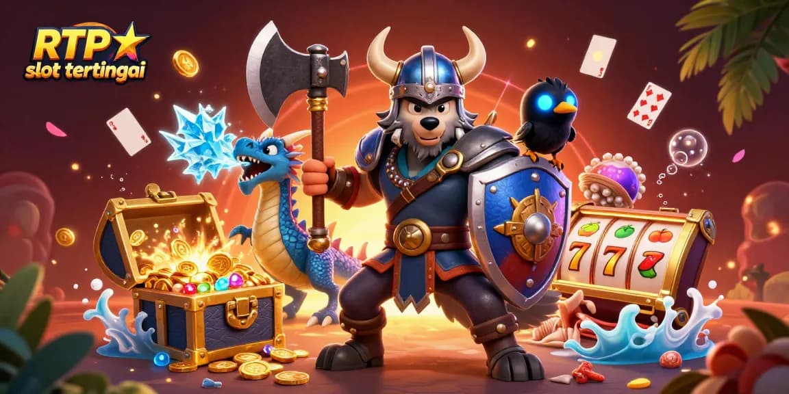 Spin to win with RTP slot tertinggi: Viking warrior and dragon uncovering treasures in an exciting casino adventure.