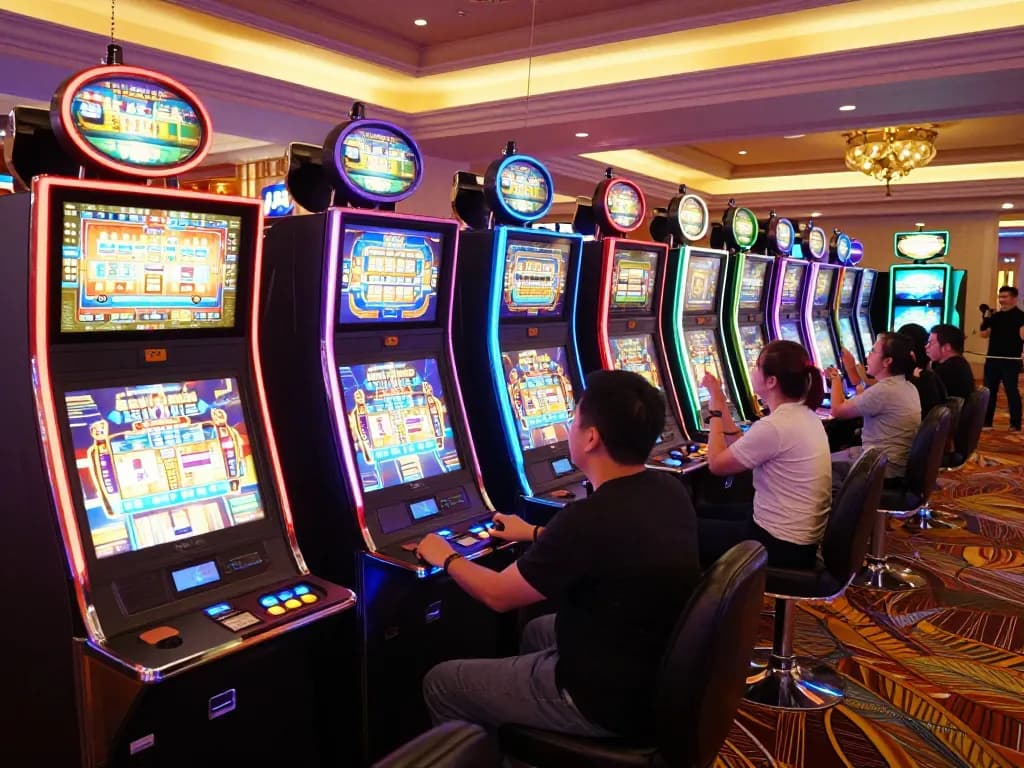 Engaged players at slot machines celebrating wins at Slot Resmi gaming area in luxury casino.