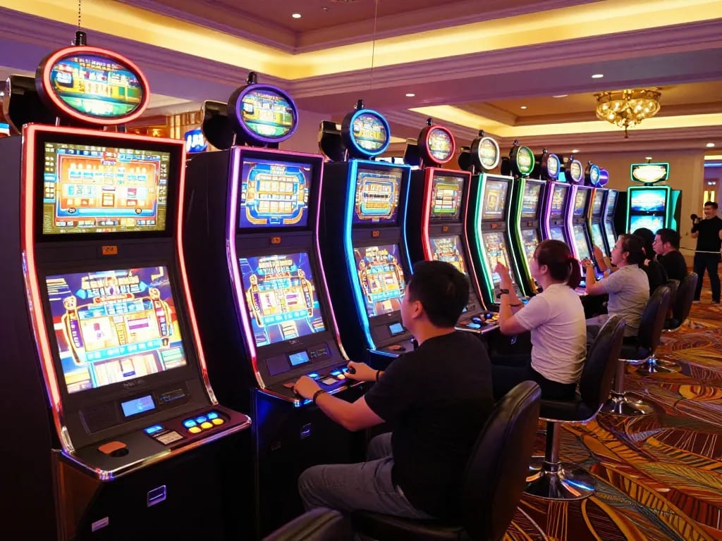 Engaged players at slot machines celebrating wins at Slot Resmi gaming area in luxury casino.