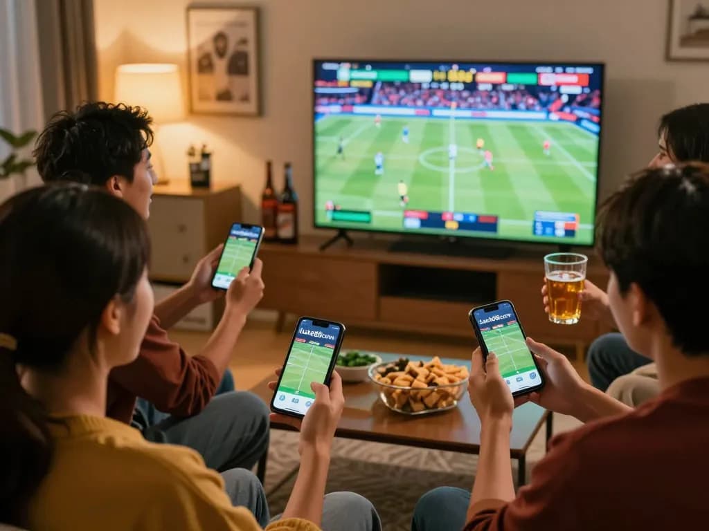 Excited friends using the luck88com app for live sports betting in a cozy setting.