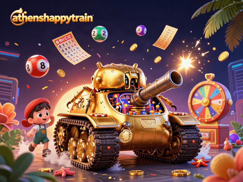 Experience thrilling action with athenshappytrain as colorful lottery balls bounce and golden tickets flutter in a vibrant casino scene.