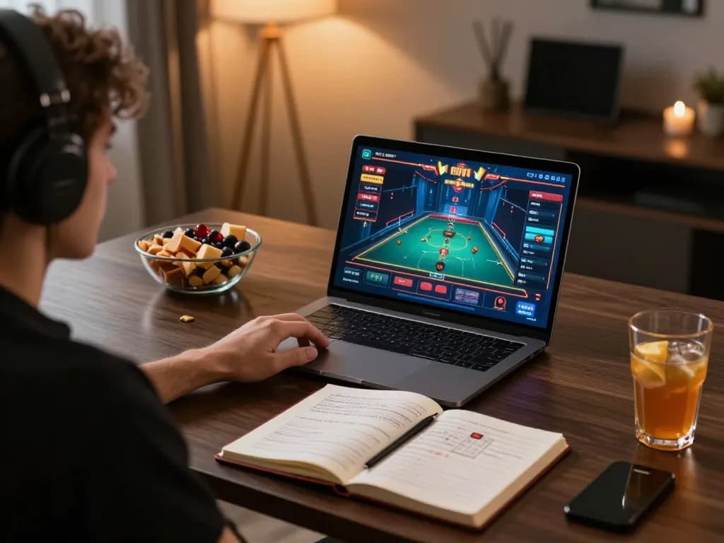 Engaging in online casino gameplay on a laptop, showcasing nhà cái uy tín tr88 in a stylish home office atmosphere