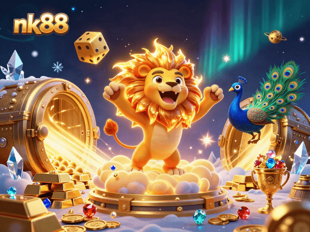 Experience excitement with nk88, featuring winning symbols and golden treasures in a vibrant casino scene.