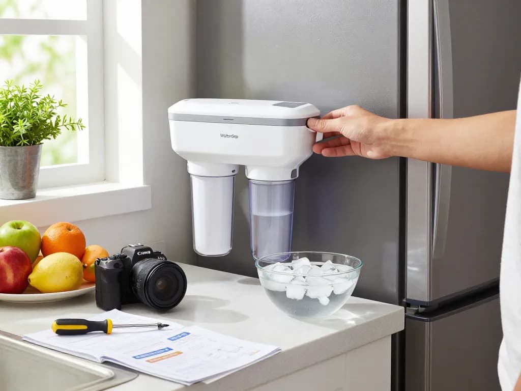 Person replacing Waterdrop DA97-17376B Replacement for Samsung® HAF-QIN/EXP filter in a modern kitchen, bright and inviting.