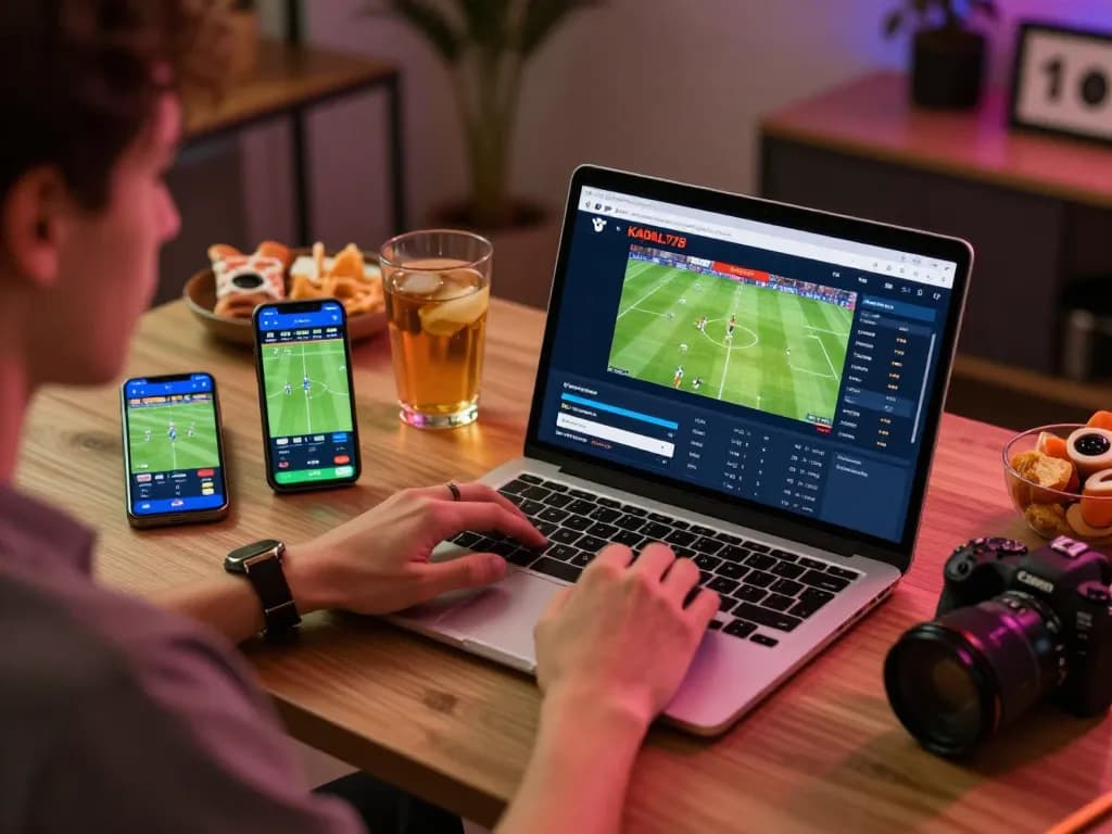 KADAL778 sports betting scene showing engaged user on laptop with live odds.