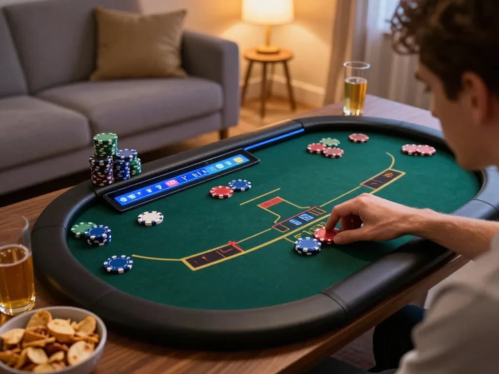 F8bet player enjoying an online poker game on a tablet, cozy home environment.