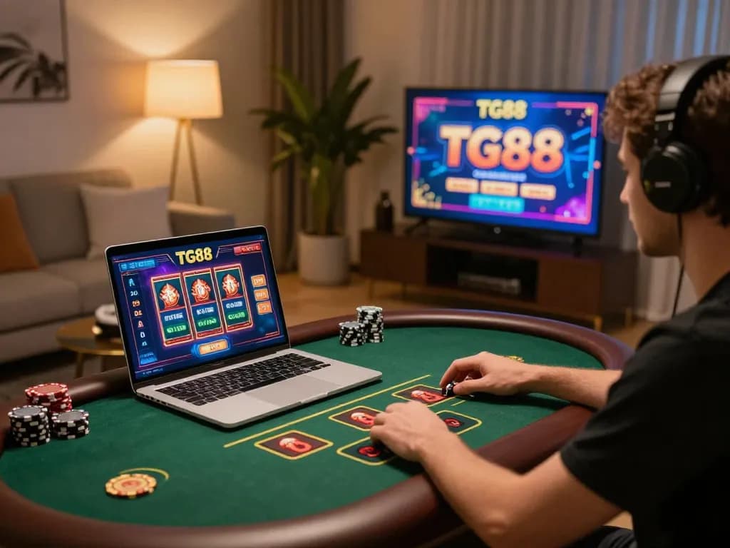 Player engaging with TG88 online casino on laptop in a cozy gaming environment