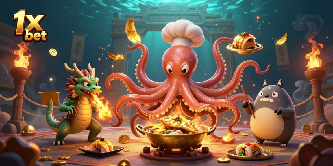 Engage with the exciting 1x bet gaming scene featuring a lively octopus chef and dragon companion.