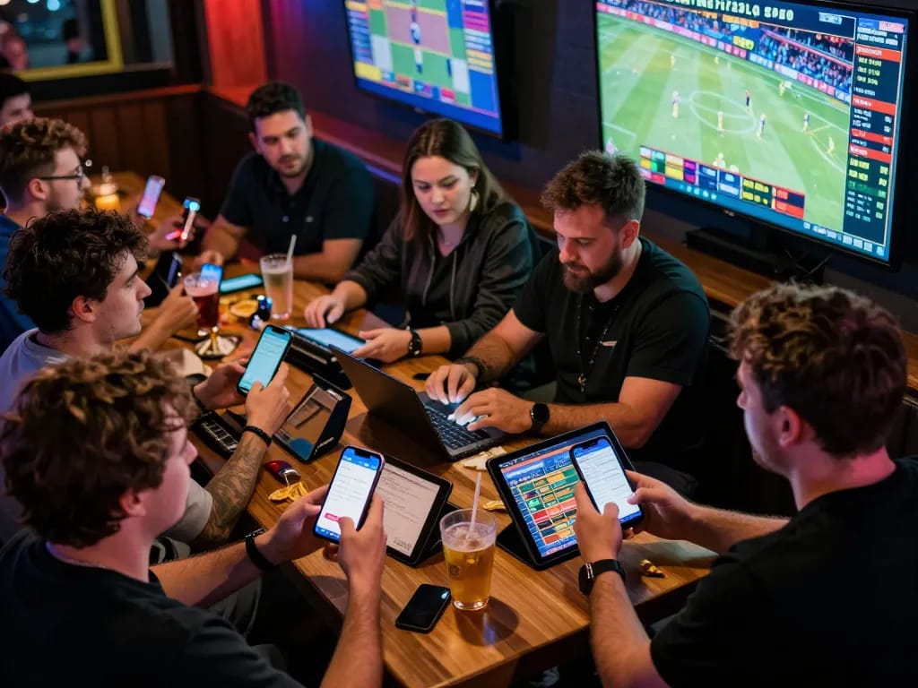 Situs togel enthusiasts engaging in live betting at a bustling sports bar, smartphones open with dynamic betting apps.