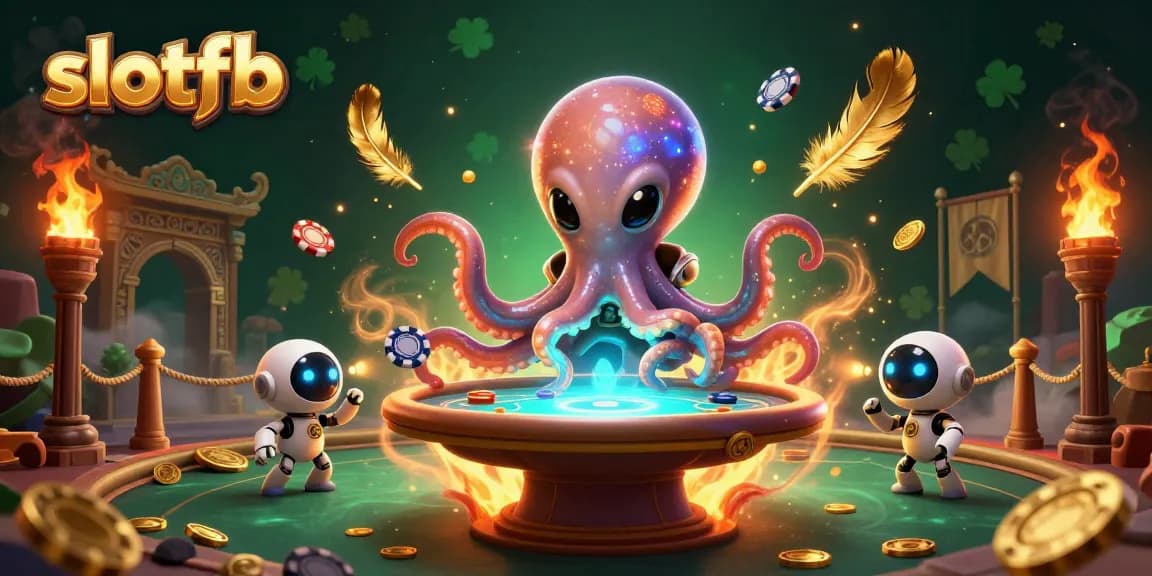 Menggunakan slotfb, alien gurita berinteraksi di meja poker holografik dengan latar belakang berkilau.