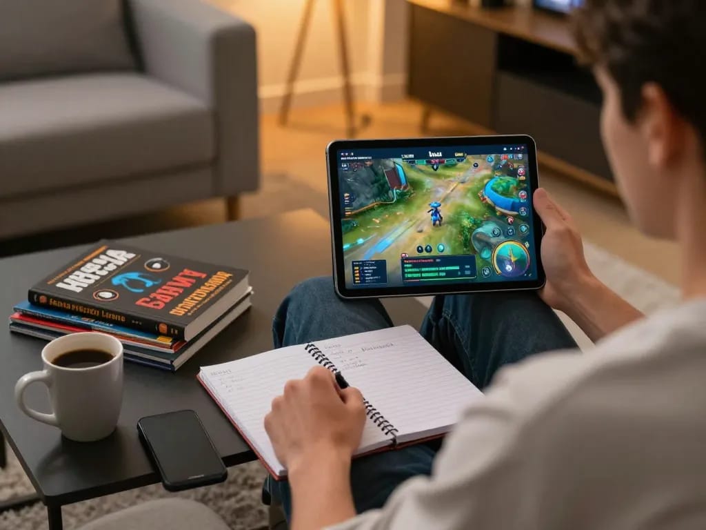 Engaging in game bai online, player strategizing with betting notes during a home session