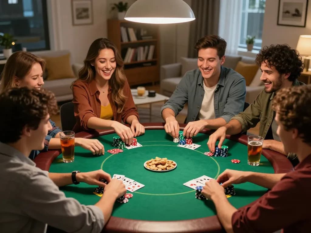 KADAL778 poker night with friends enjoying social gameplay and strategic betting in a cozy home.