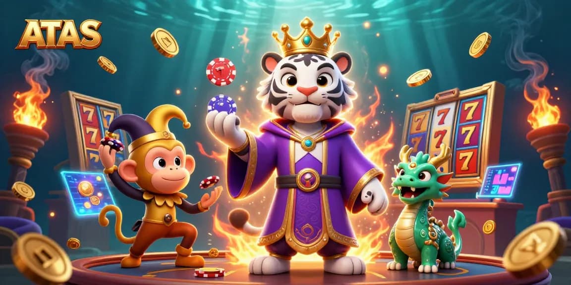 Play ATAS casino games with a vibrant tiger, juggling monkey, and dynamic slot elements.