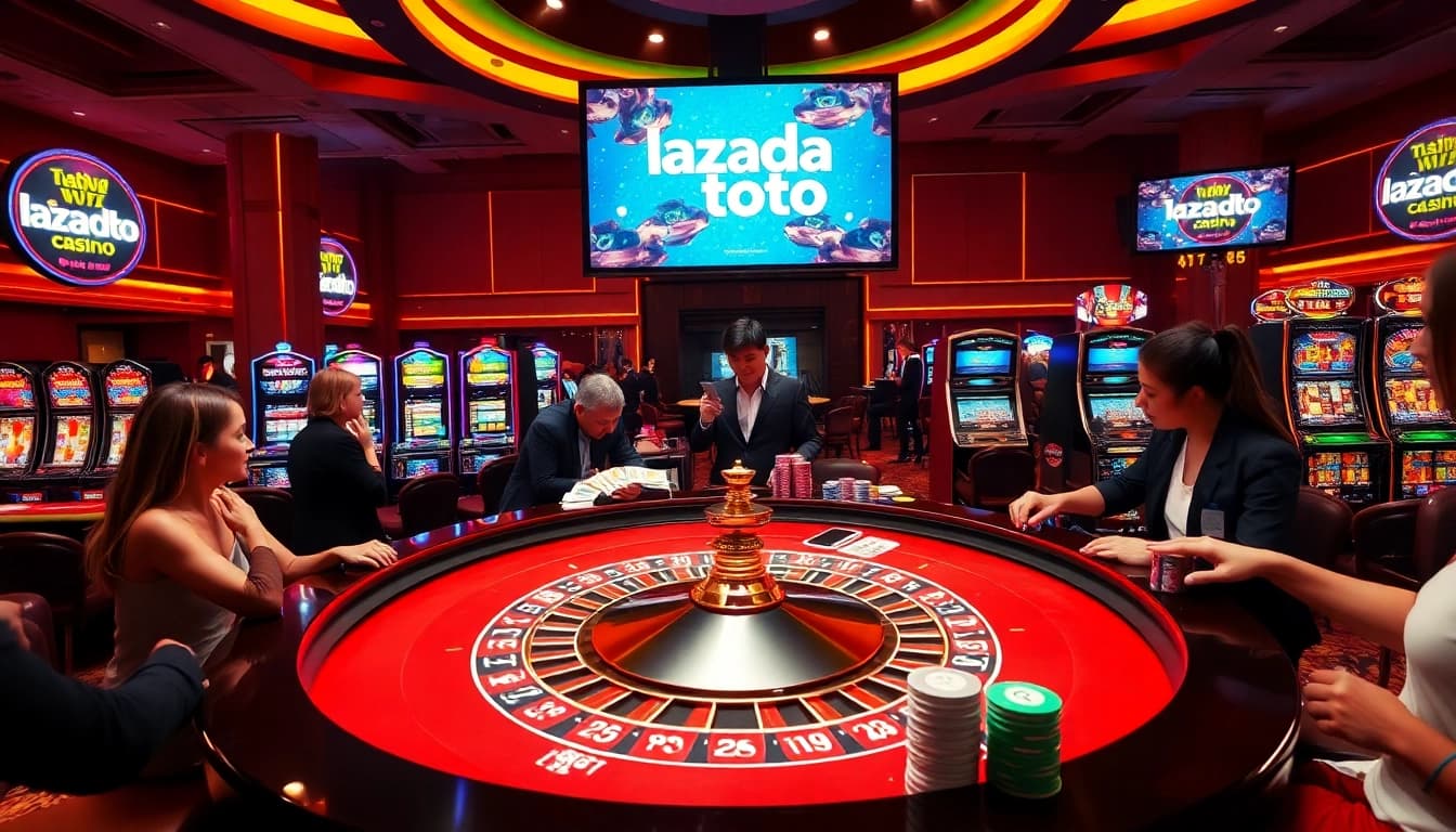 Players enjoying a thrilling roulette game featuring lazadatoto branding, showcasing a vibrant casino atmosphere.