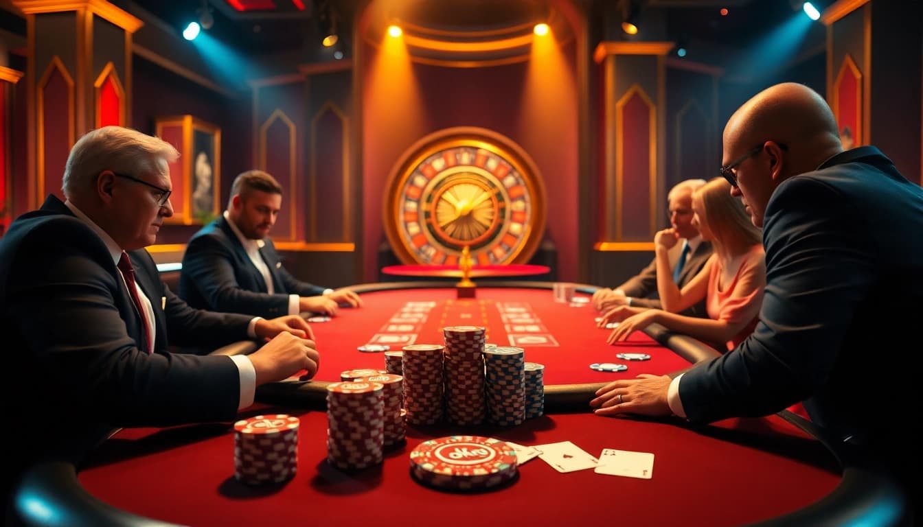 Professional gamblers engage in a high-stakes poker game inspired by Okking branding, illuminated with luxurious lighting.