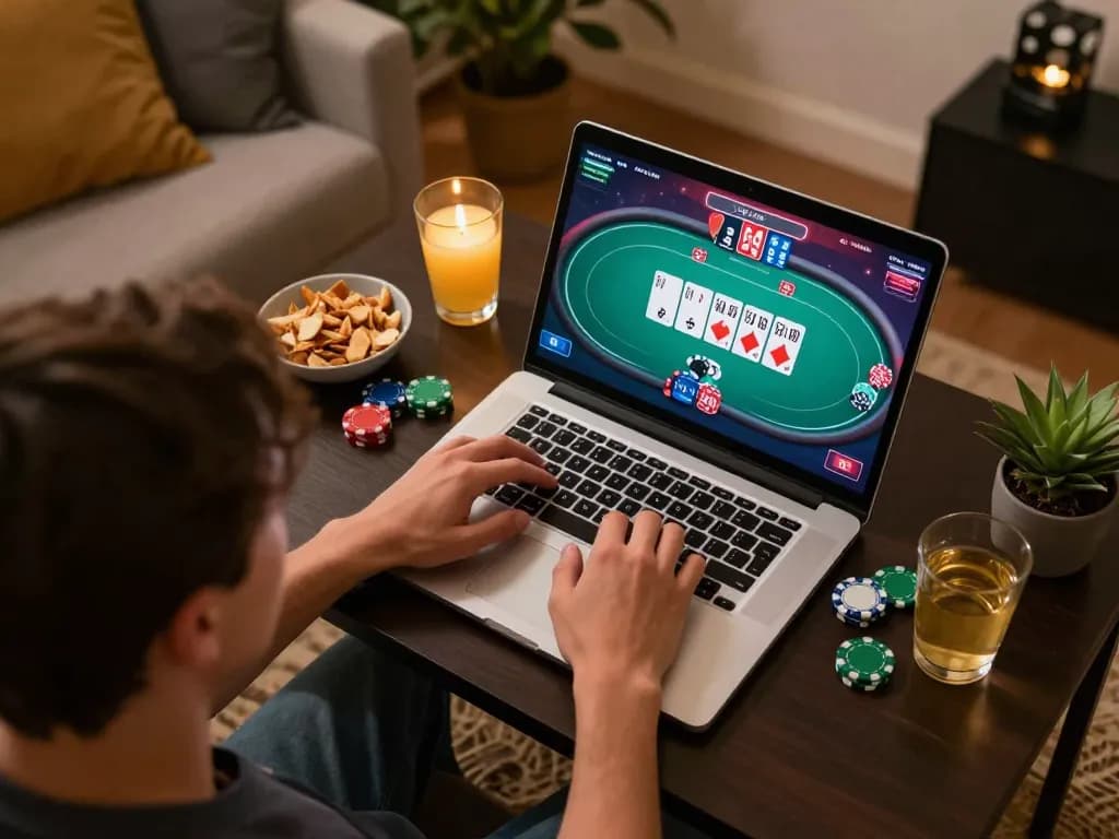 Player enjoying online gambling at home on 99ok platform with poker game displayed.