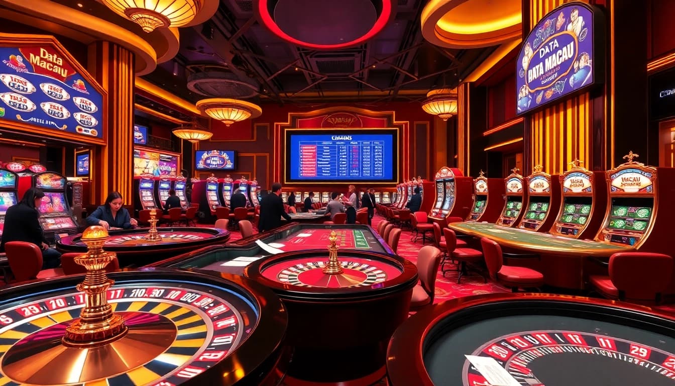 Experience the thrill of Data Macau results in a bustling casino with roulette and poker tables.