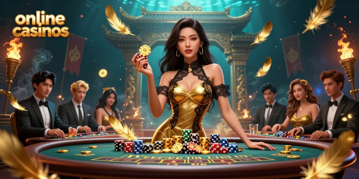 Experience thrilling online casinos with captivating scenes of baccarat and high-stakes action featuring vibrant elements.