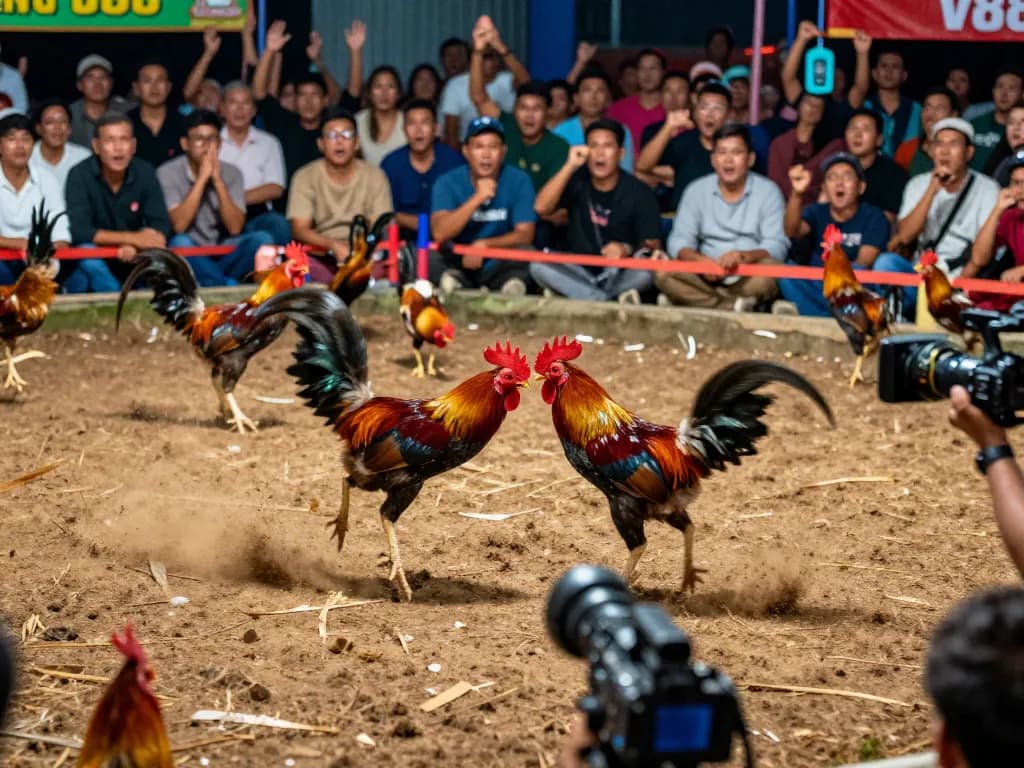V888 captures live gà chọi battles with intense action and vibrant arena atmosphere