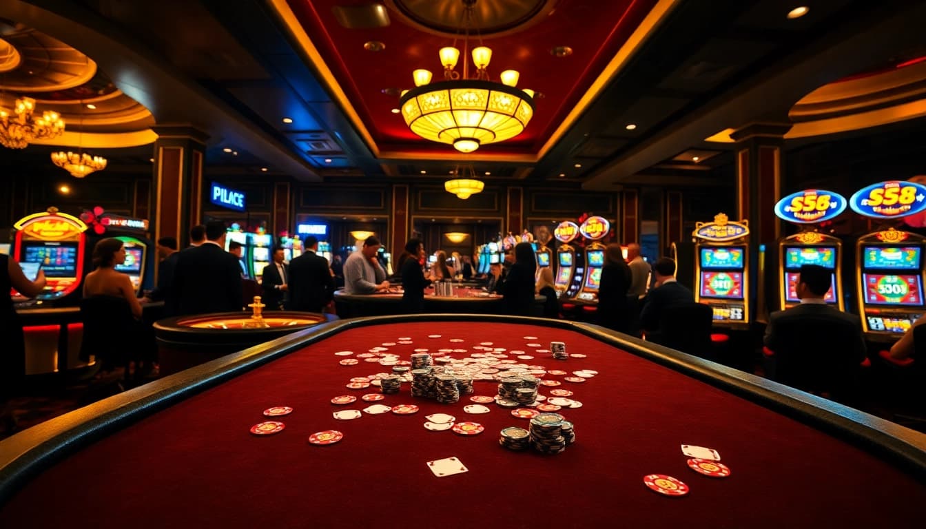 Exciting casino ambiance with S8 gaming elements, showcasing poker and roulette tables.