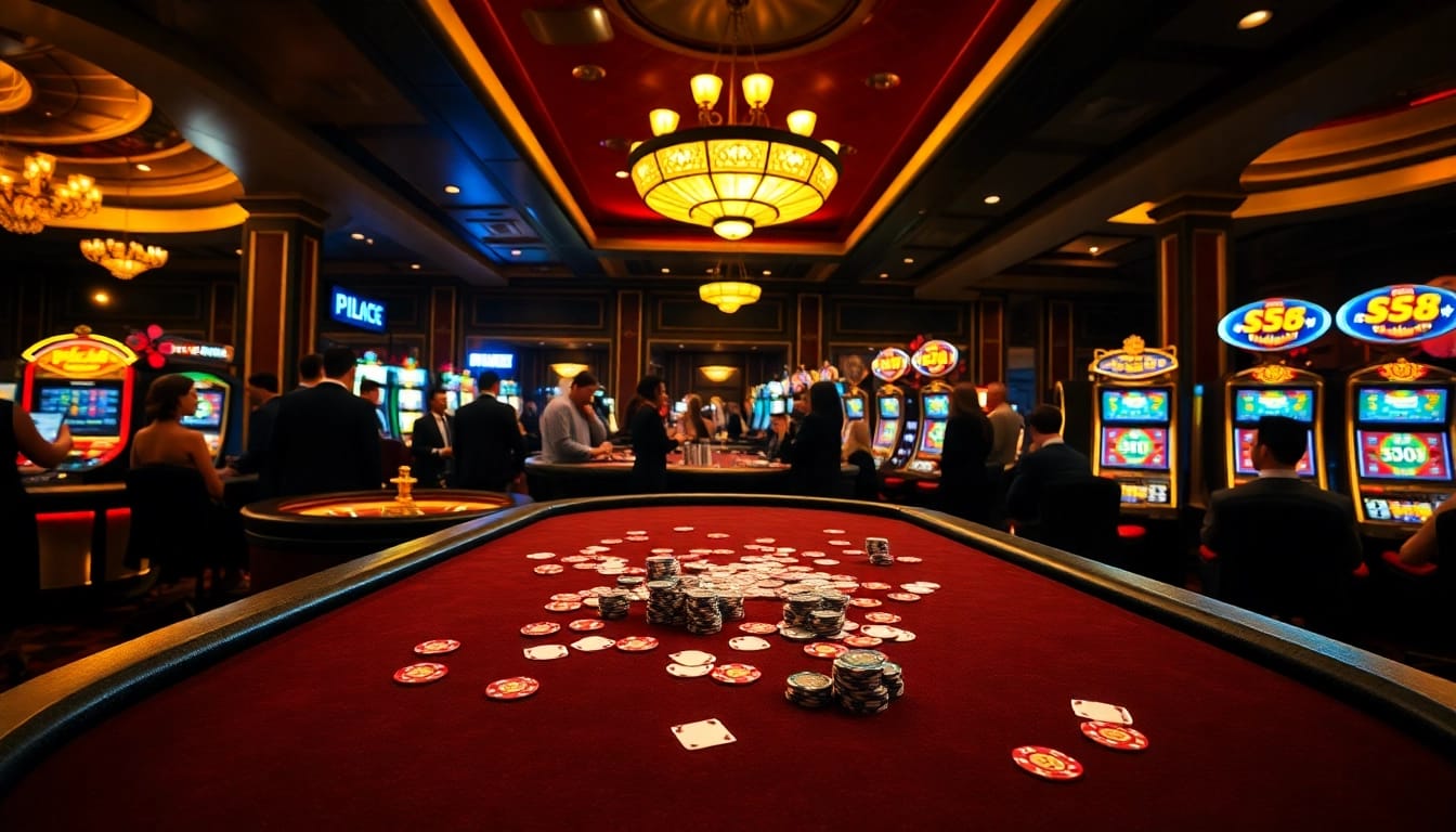 Exciting casino ambiance with S8 gaming elements, showcasing poker and roulette tables.