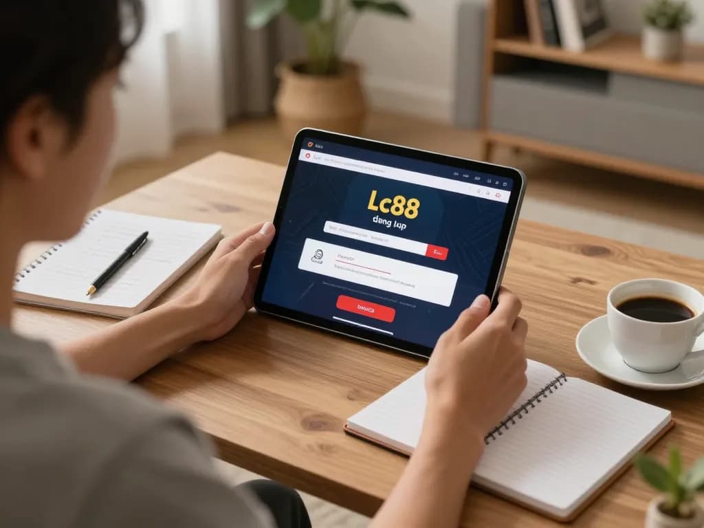 Lc88 đăng nhập screen displayed on tablet during an online casino session in a cozy home setting.