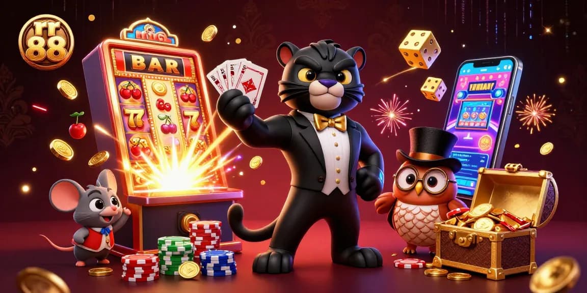 Engage with rr 88's vibrant casino scene featuring characters dealing cards amid a jackpot explosion.