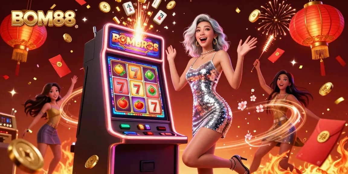 BOM88 entices players with a dazzling slot machine scene featuring gold coins, vibrant lights, and celebration elements.