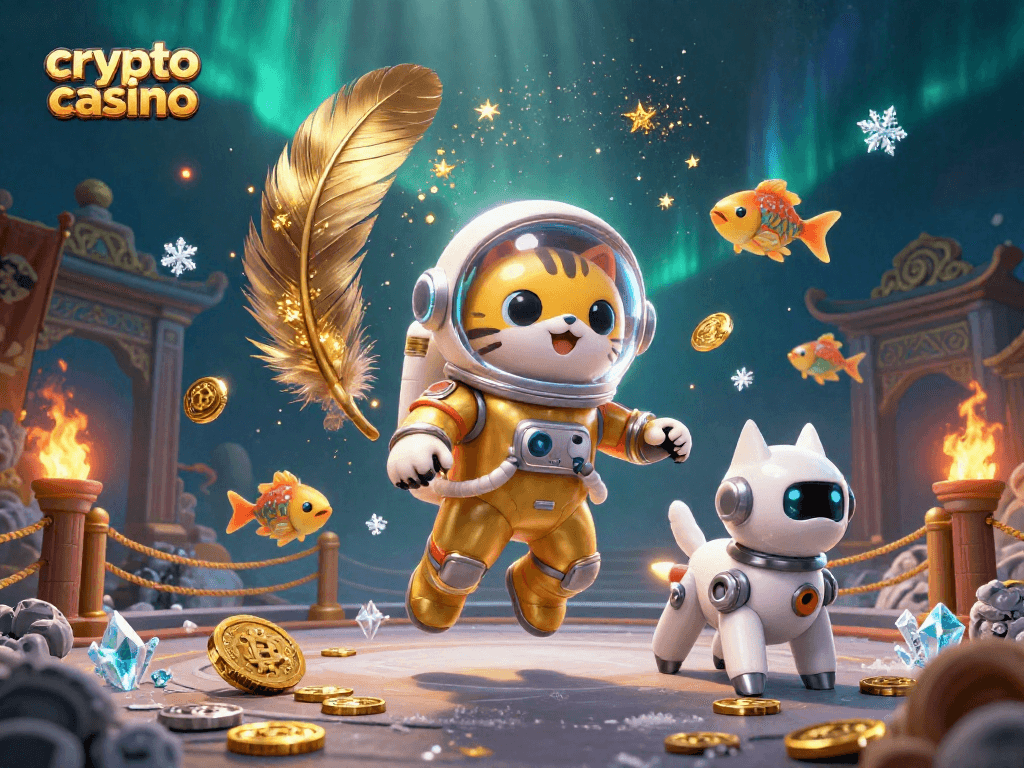 Experience the thrill of a crypto casino with a space cat and robot dog in a vibrant underwater scene.