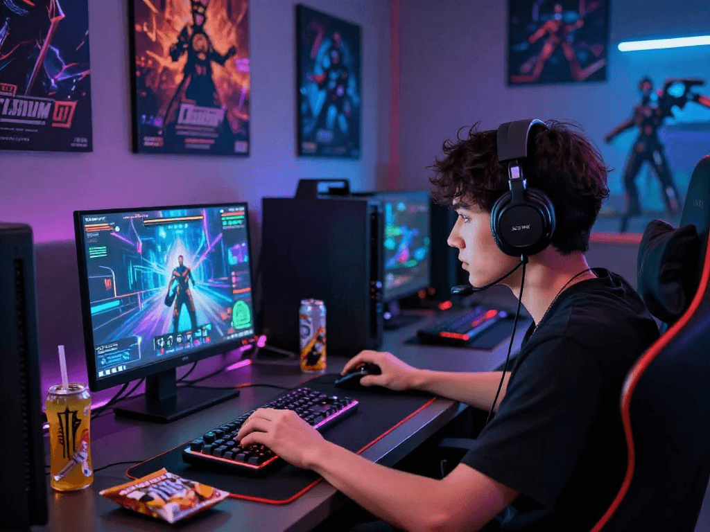 Mind control porn game engagement with vibrant gaming setup and intense focus.