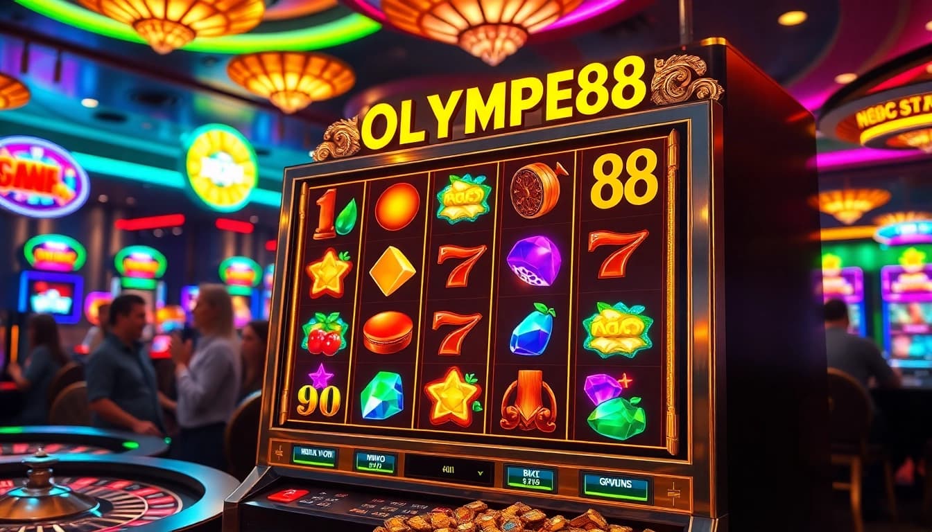 Engage with the OLYMPUS88 slot machine in a vibrant casino atmosphere showcasing winning excitement.