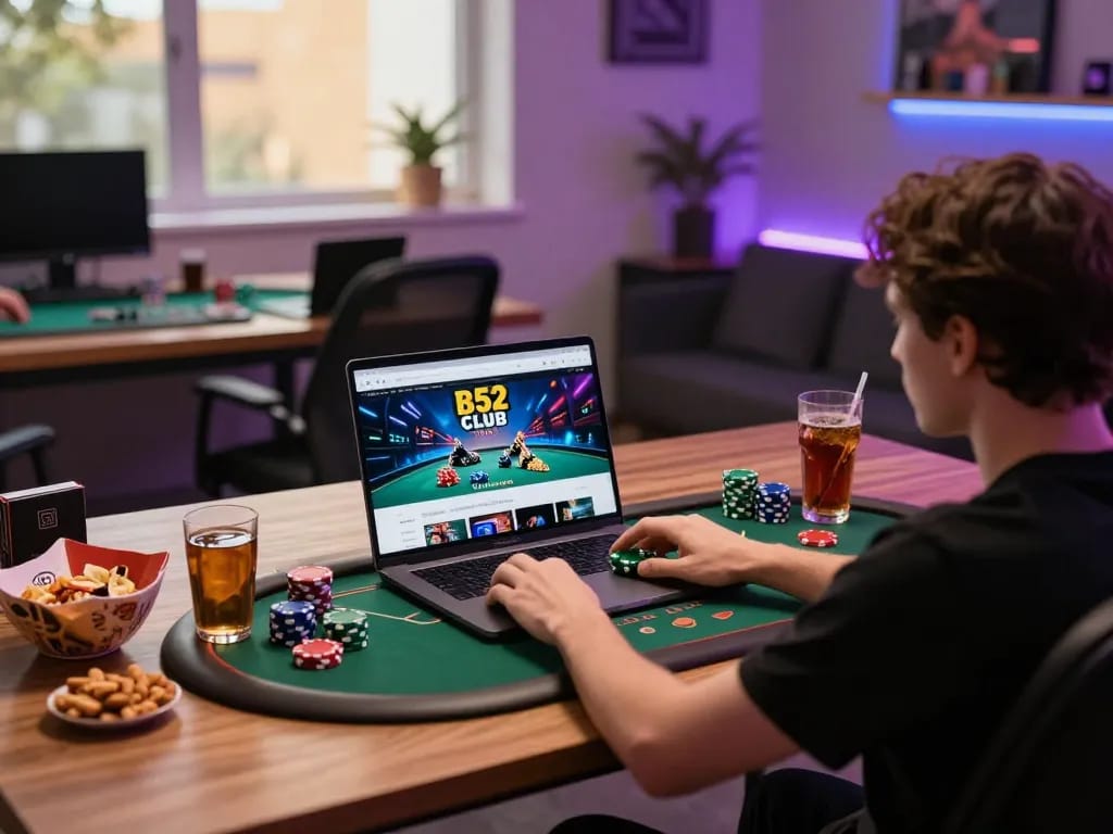 B52 CLUB gameplay on a laptop showcasing dynamic online poker action in a cozy home setting