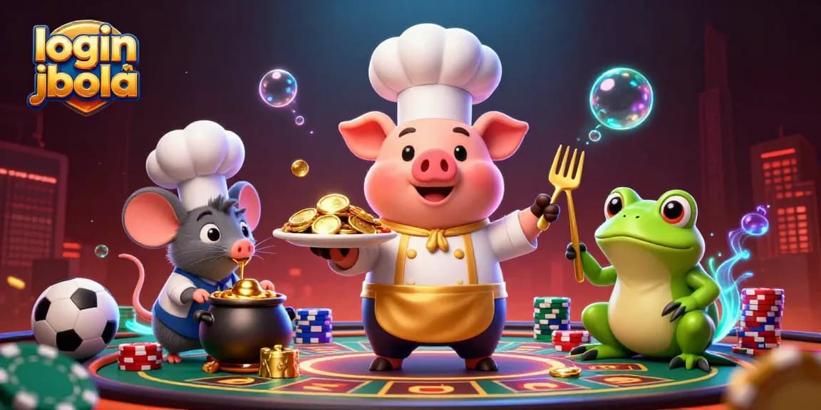Engage in sports betting excitement with login judi bola as cartoon characters serve golden coins and showcase dynamic gameplay.