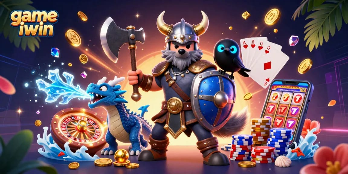 Engage with game iwin featuring a Viking warrior and dragon amidst vibrant casino elements and rewards.
