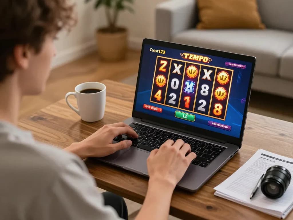 Sesi permainan slot Tempo 123 yang menarik di rumah, menampilkan gulungan yang cerah dan suasana yang strategis.
