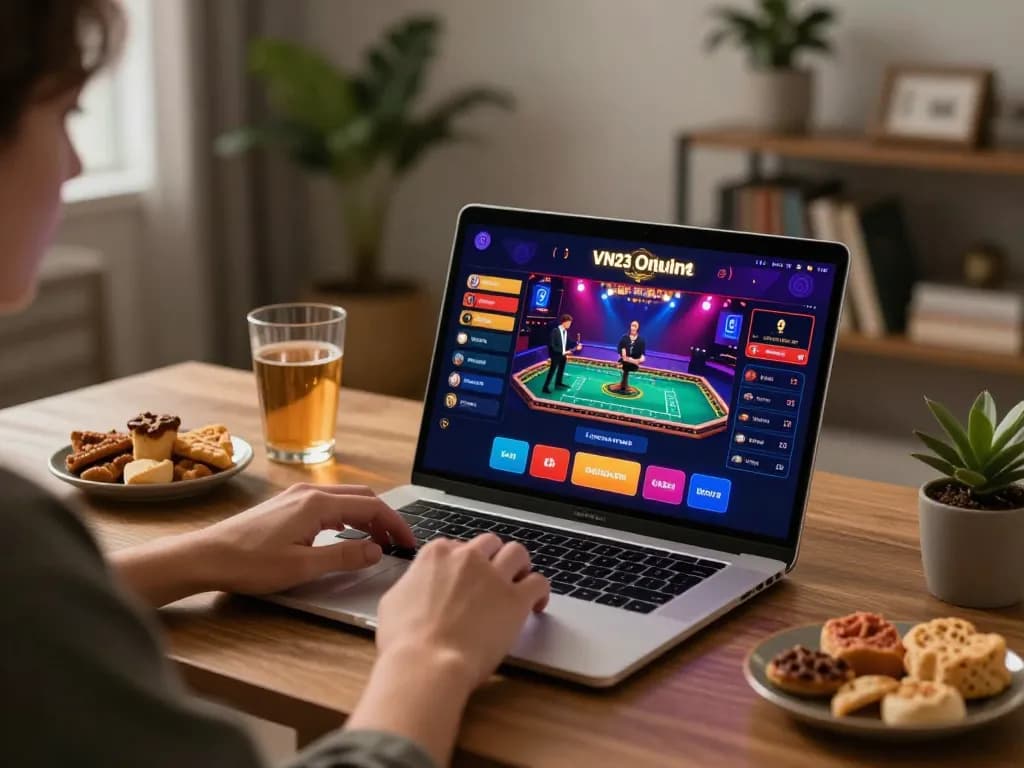 Player engaging with VN23 online casino on laptop, showcasing vibrant gaming interface.