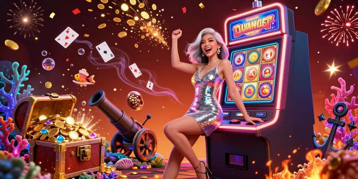 Togel sgp gamers celebrate a jackpot win surrounded by vibrant casino elements and golden coins.