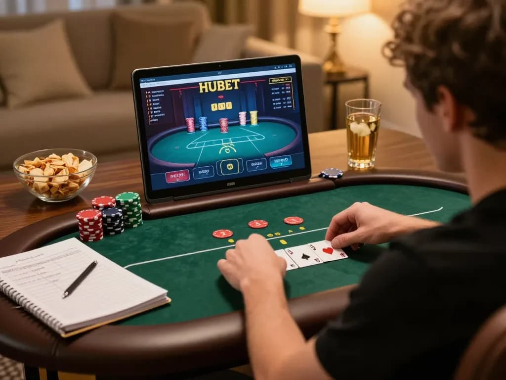 Hubet online poker game strategy session in a cozy home environment with player engaged