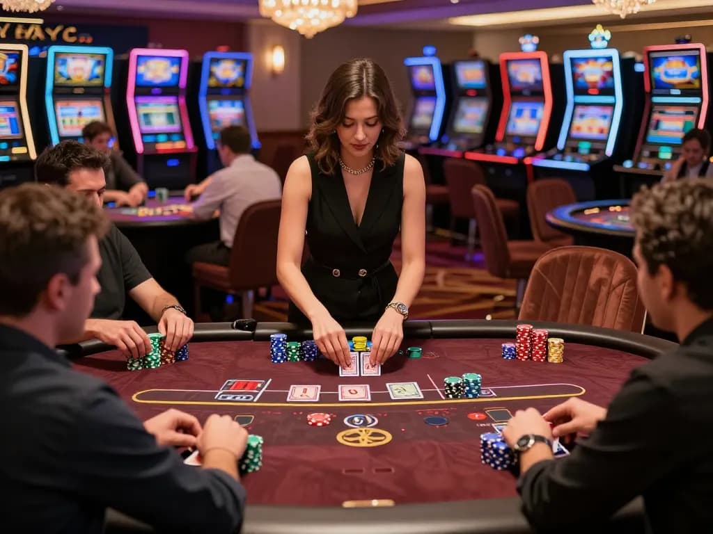 Winstrike69 players engaging intensely at a luxury blackjack table, surrounded by vibrant casino atmosphere.