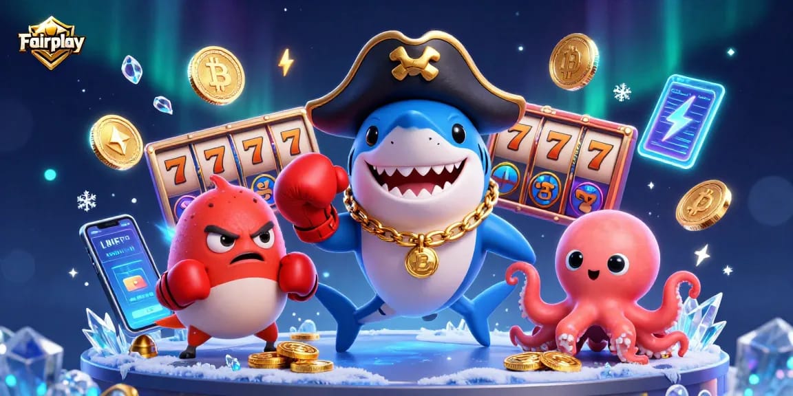 Experience Fairplay with a lively 3D casino scene showcasing animated characters and slot reels.