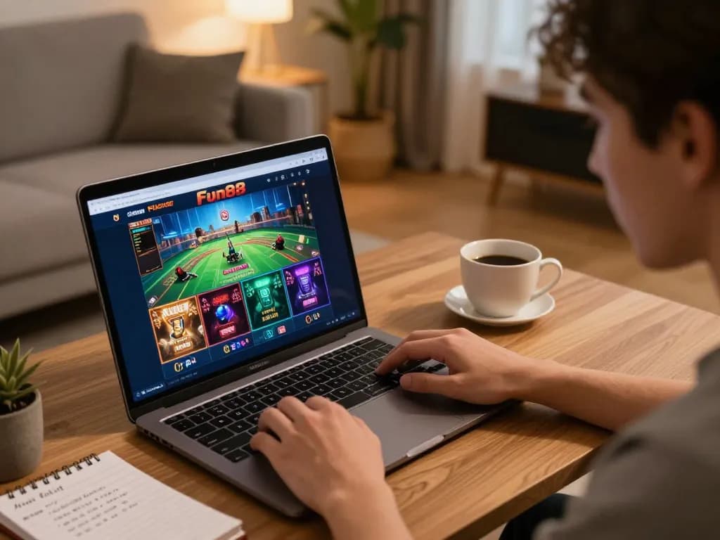 Player engaging with Fun88 online games during a cozy home gaming session.