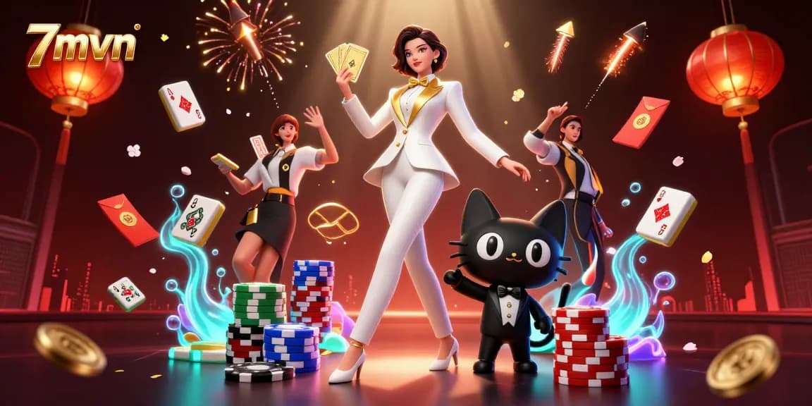 Experience exciting gaming with 7mvn, featuring a glamorous woman shuffling cards amid rich casino elements.